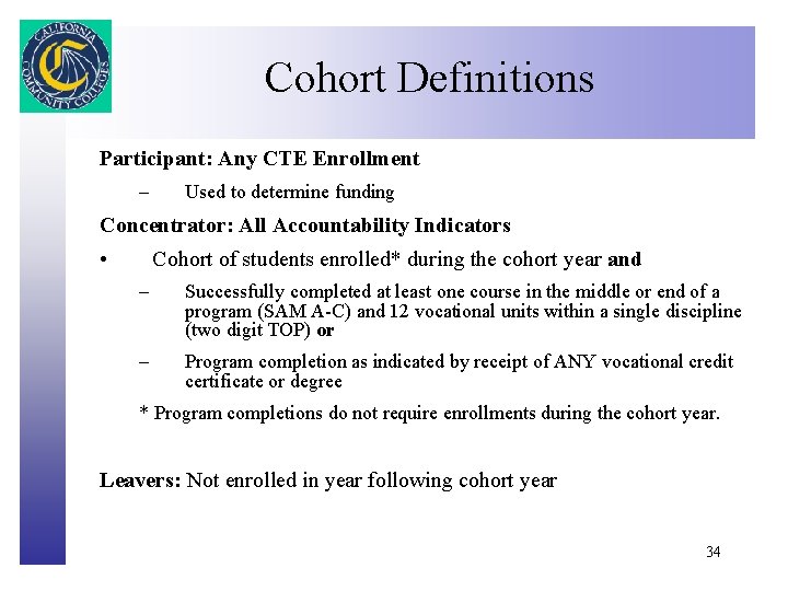 Cohort Definitions Click to edit Master title style Participant: Any CTE Enrollment – Used