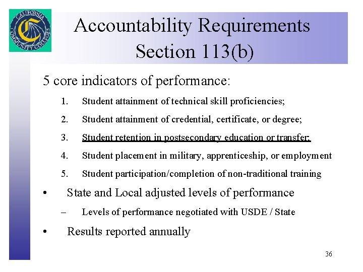 Accountability Requirements Click to edit Master title style Section 113(b) 5 core indicators of