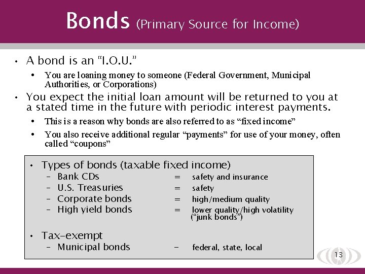 Bonds (Primary Source for Income) • A bond is an “I. O. U. ”