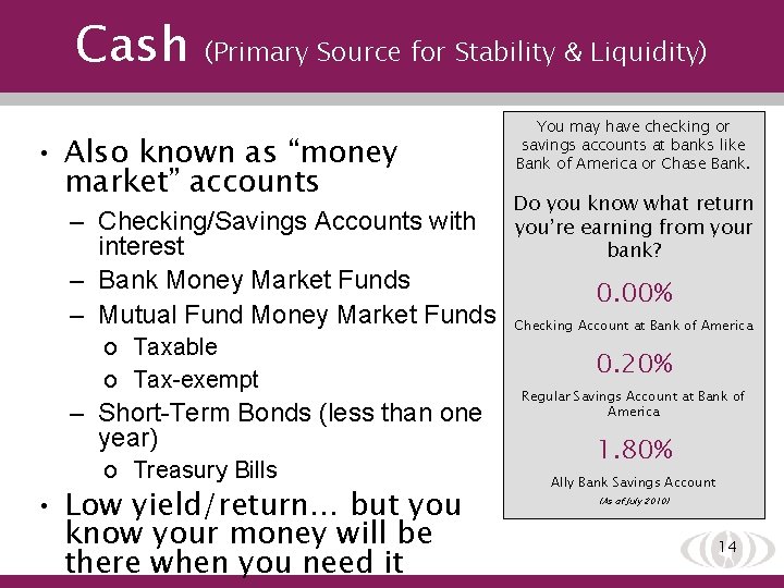 Cash (Primary Source for Stability & Liquidity) • Also known as “money market” accounts