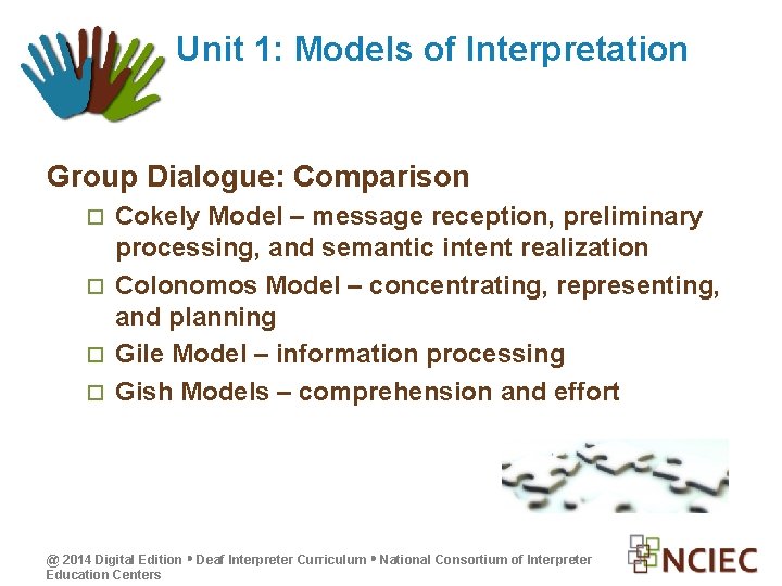 Unit 1: Models of Interpretation Group Dialogue: Comparison Cokely Model – message reception, preliminary