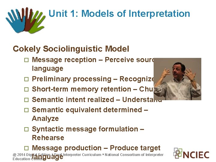 Unit 1: Models of Interpretation Cokely Sociolinguistic Model Message reception – Perceive source language