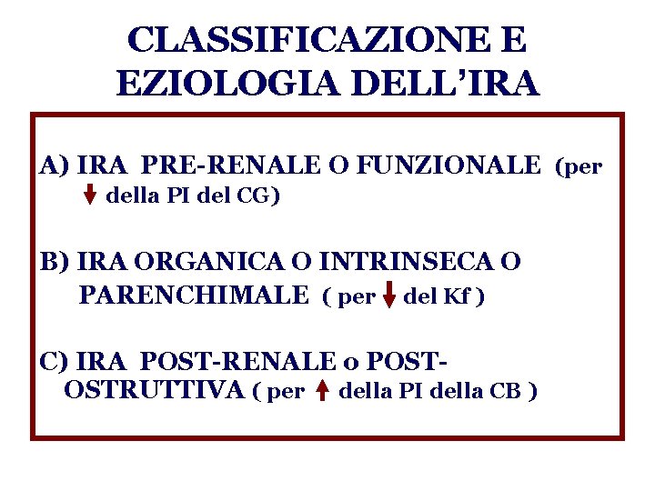 CLASSIFICAZIONE E EZIOLOGIA DELL’IRA A) IRA PRE-RENALE O FUNZIONALE (per della PI del CG)