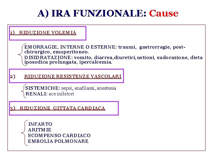 A) IRA FUNZIONALE: Cause 1) RIDUZIONE VOLEMIA EMORRAGIE, INTERNE O ESTERNE: traumi, gastrorragie, post-