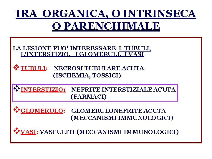 IRA ORGANICA, O INTRINSECA O PARENCHIMALE LA LESIONE PUO’ INTERESSARE I TUBULI, L’INTERSTIZIO, I