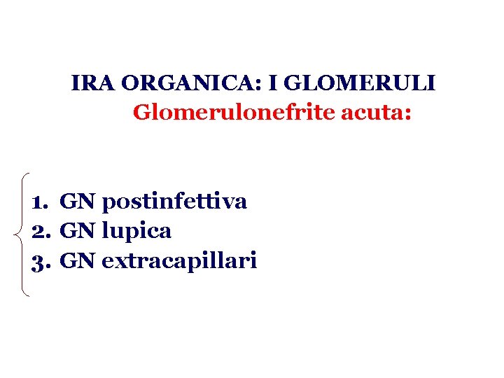  IRA ORGANICA: I GLOMERULI Glomerulonefrite acuta: 1. GN postinfettiva 2. GN lupica 3.