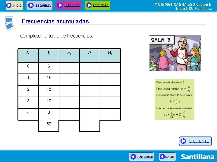 INICIO ESQUEMA INTERNET MATEMÁTICAS 4. º ESO opción B Unidad 12: Estadística ACTIVIDAD Frecuencias