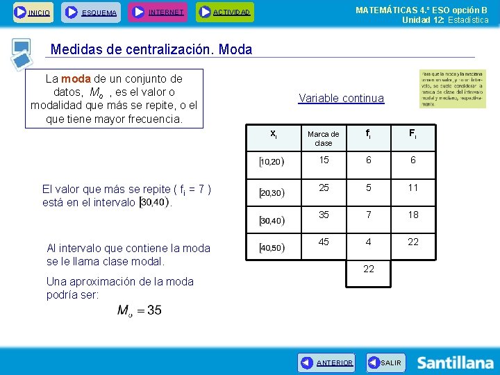 INICIO ESQUEMA INTERNET MATEMÁTICAS 4. º ESO opción B Unidad 12: Estadística ACTIVIDAD Medidas