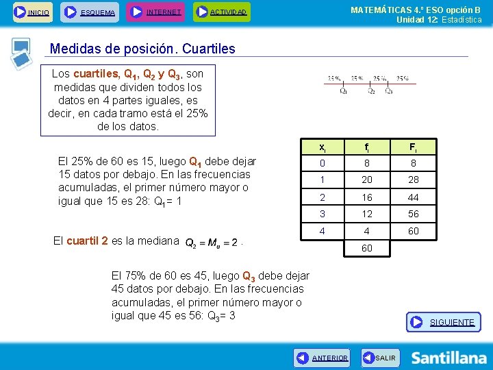 INICIO ESQUEMA INTERNET MATEMÁTICAS 4. º ESO opción B Unidad 12: Estadística ACTIVIDAD Medidas