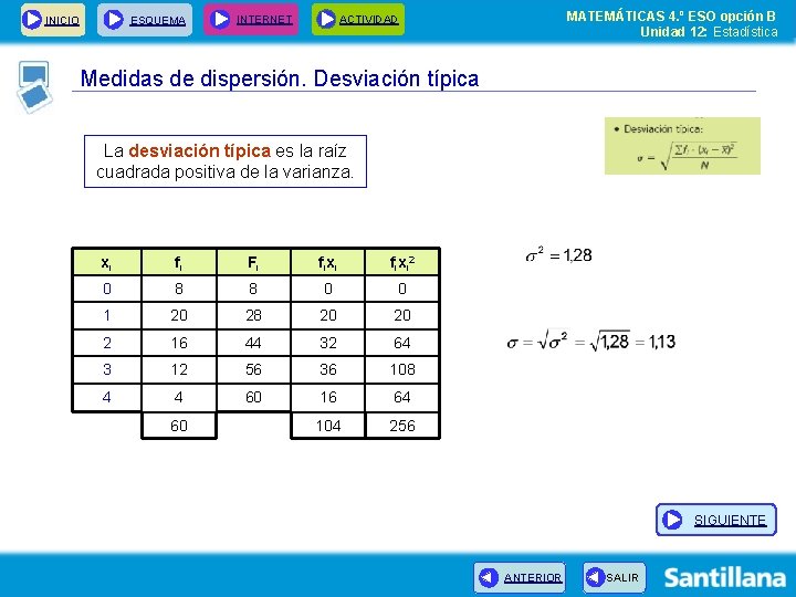 INICIO ESQUEMA INTERNET MATEMÁTICAS 4. º ESO opción B Unidad 12: Estadística ACTIVIDAD Medidas