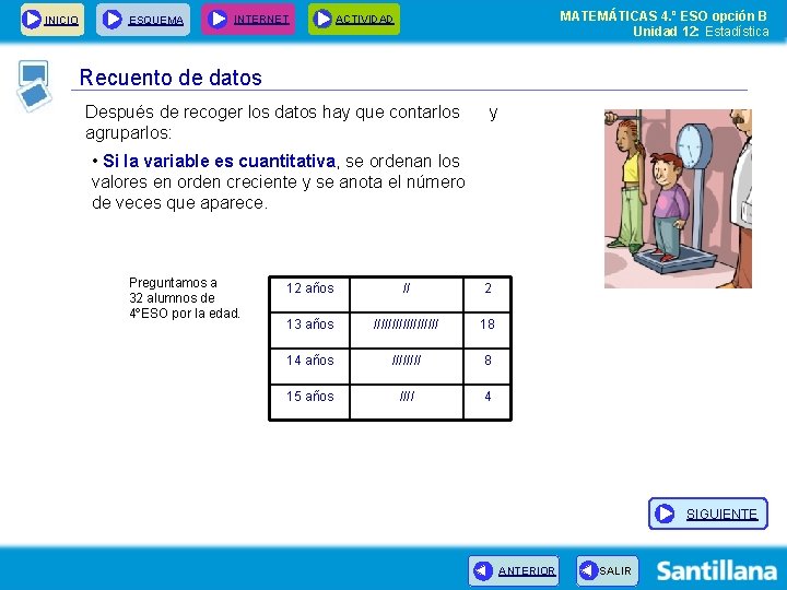 INICIO ESQUEMA INTERNET MATEMÁTICAS 4. º ESO opción B Unidad 12: Estadística ACTIVIDAD Recuento