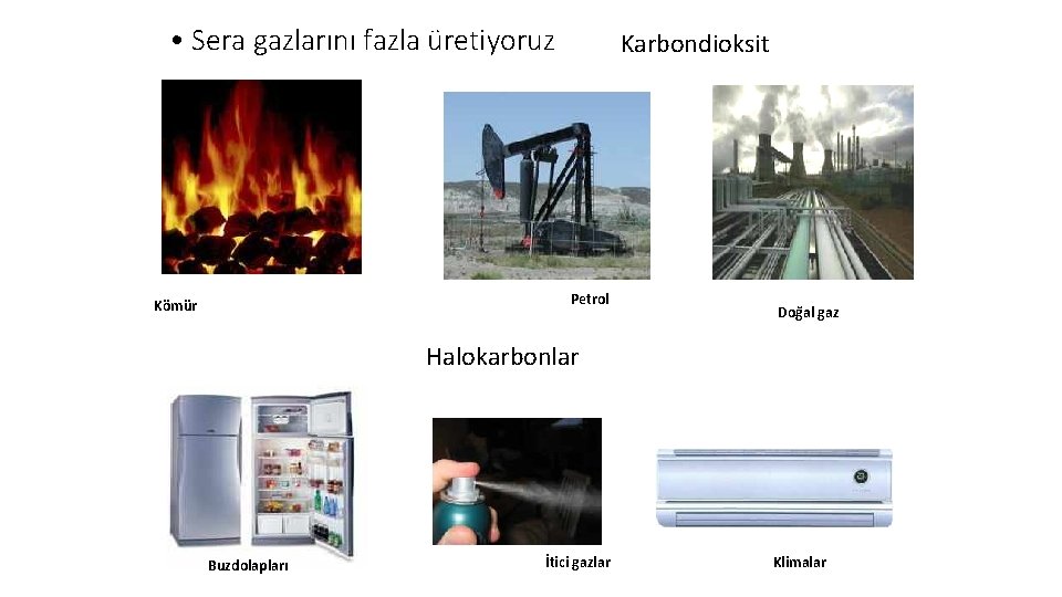  • Sera gazlarını fazla üretiyoruz Karbondioksit Petrol Kömür Doğal gaz Halokarbonlar Buzdolapları İtici