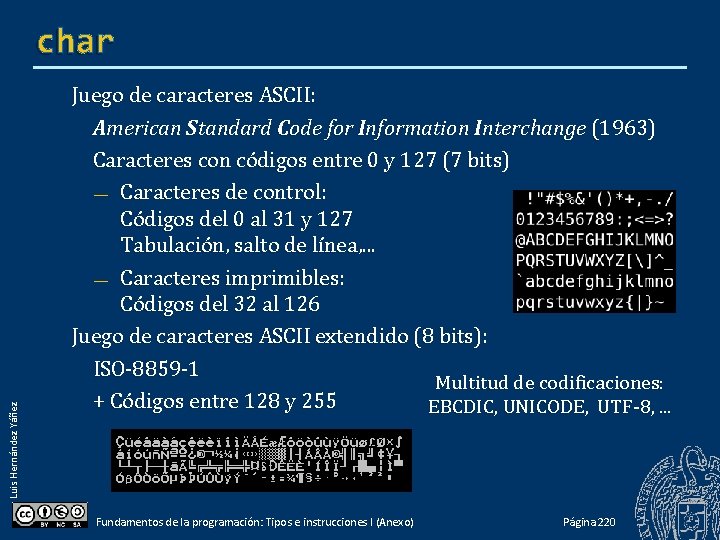 Luis Hernández Yáñez char Juego de caracteres ASCII: American Standard Code for Information Interchange Luis Hernández Yáñez char Juego de caracteres ASCII: American Standard Code for Information Interchange