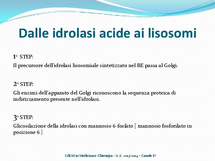 Dalle idrolasi acide ai lisosomi 1° STEP: Il precursore dell’idrolasi lisosomiale sintetizzato nel RE