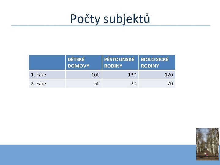 Počty subjektů DĚTSKÉ DOMOVY PĚSTOUNSKÉ BIOLOGICKÉ RODINY 1. Fáze 100 130 120 2. Fáze