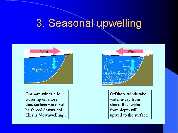 3. Seasonal upwelling Wind Onshore winds pile water up on shore, thus surface water
