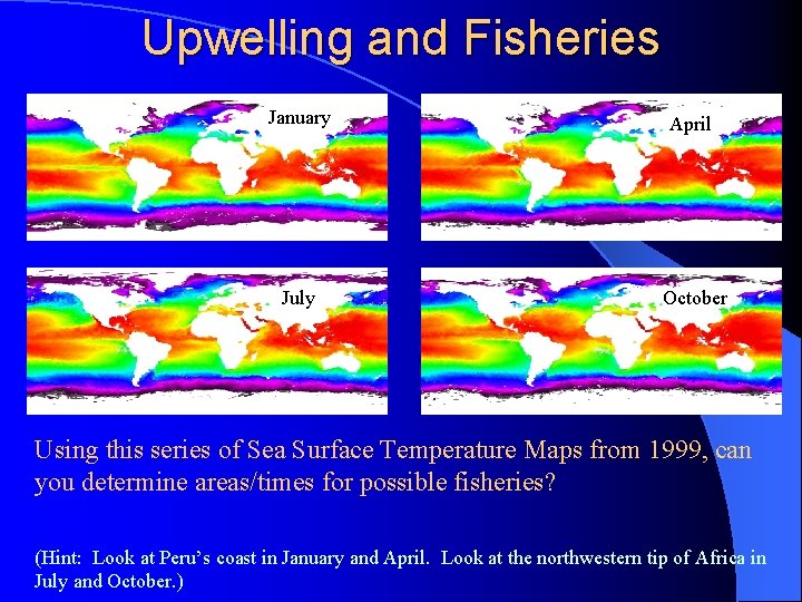 Upwelling and Fisheries January April July October Using this series of Sea Surface Temperature