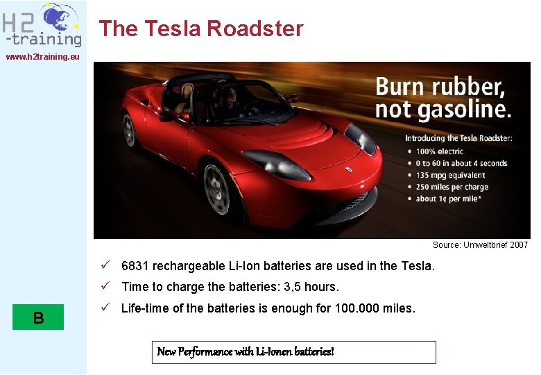 The Tesla Roadster www. h 2 training. eu Source: Umweltbrief 2007 ü 6831 rechargeable The Tesla Roadster www. h 2 training. eu Source: Umweltbrief 2007 ü 6831 rechargeable