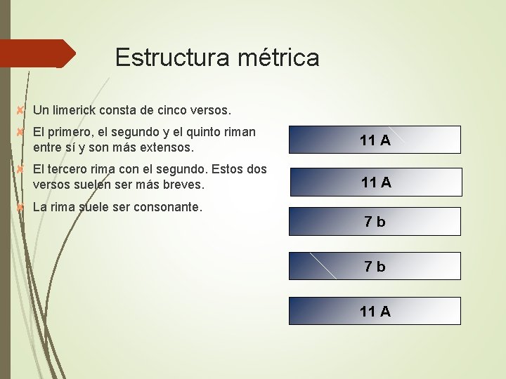 Estructura métrica ✘ Un limerick consta de cinco versos. ✘ El primero, el segundo Estructura métrica ✘ Un limerick consta de cinco versos. ✘ El primero, el segundo