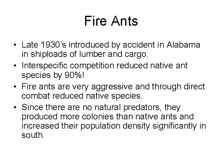 Fire Ants • Late 1930’s introduced by accident in Alabama in shiploads of lumber