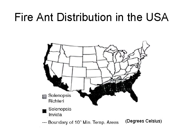 Fire Ant Distribution in the USA (Degrees Celsius) 