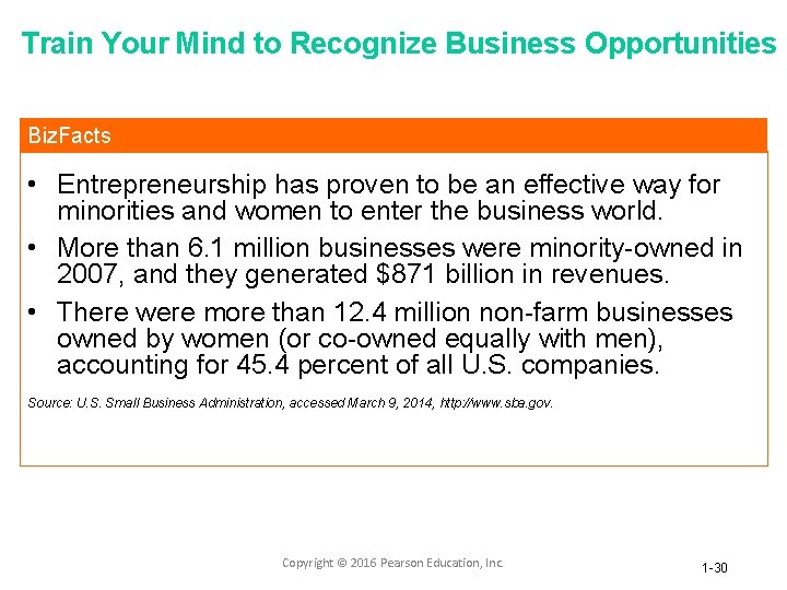 Train Your Mind to Recognize Business Opportunities Biz. Facts • Entrepreneurship has proven to