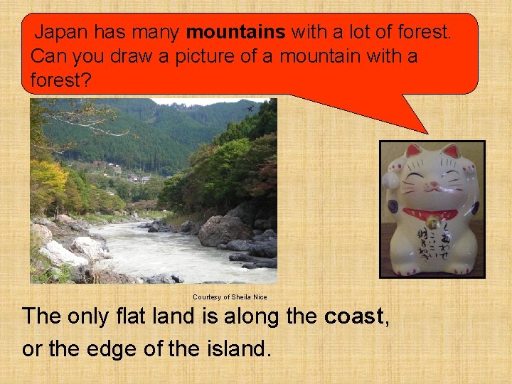 Japan has many mountains with a lot of forest. Can you draw a picture