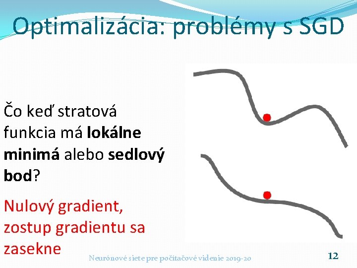 Optimalizácia: problémy s SGD Čo keď stratová funkcia má lokálne minimá alebo sedlový bod?