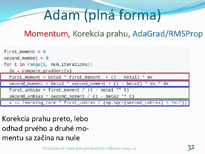 Adam (plná forma) Momentum, Korekcia prahu, Ada. Grad/RMSProp Korekcia prahu preto, lebo odhad prvého