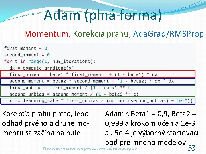 Adam (plná forma) Momentum, Korekcia prahu, Ada. Grad/RMSProp Korekcia prahu preto, lebo odhad prvého