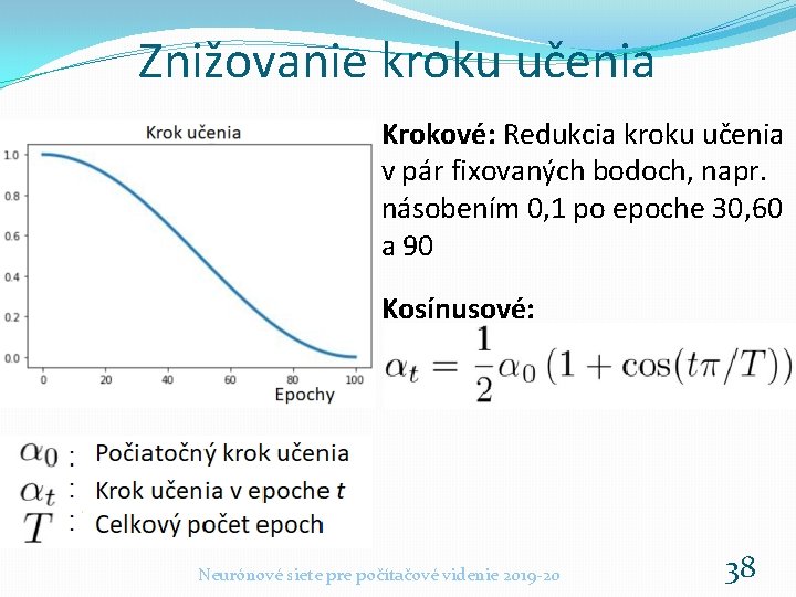 Znižovanie kroku učenia Krokové: Redukcia kroku učenia v pár fixovaných bodoch, napr. násobením 0,