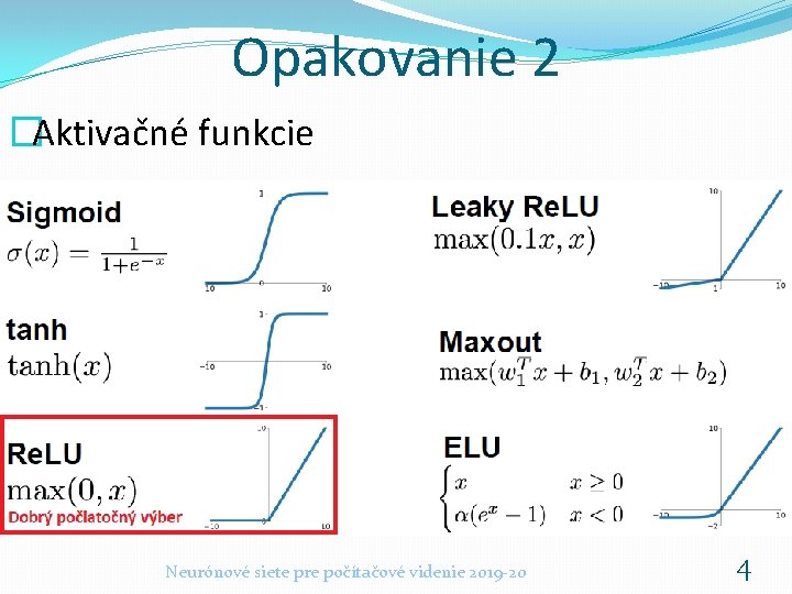 Opakovanie 2 �Aktivačné funkcie Neurónové siete pre počítačové videnie 2019 -20 4 