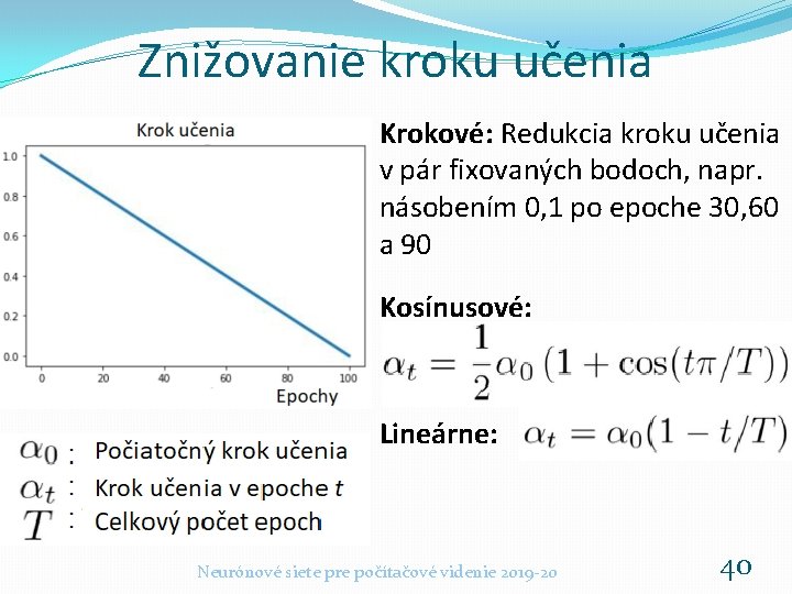 Znižovanie kroku učenia Krokové: Redukcia kroku učenia v pár fixovaných bodoch, napr. násobením 0,