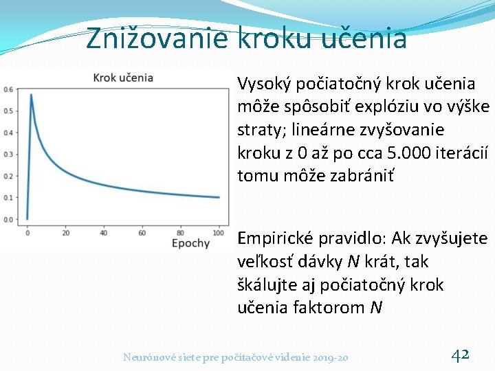 Znižovanie kroku učenia Vysoký počiatočný krok učenia môže spôsobiť explóziu vo výške straty; lineárne