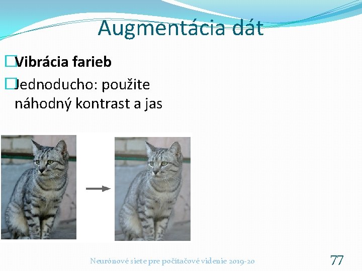 Augmentácia dát �Vibrácia farieb �Jednoducho: použite náhodný kontrast a jas Neurónové siete pre počítačové