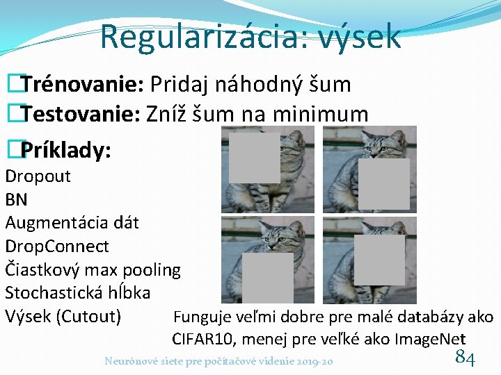 Regularizácia: výsek �Trénovanie: Pridaj náhodný šum �Testovanie: Zníž šum na minimum �Príklady: Dropout BN