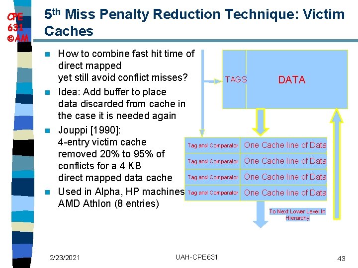 CPE 631 AM 5 th Miss Penalty Reduction Technique: Victim Caches How to combine