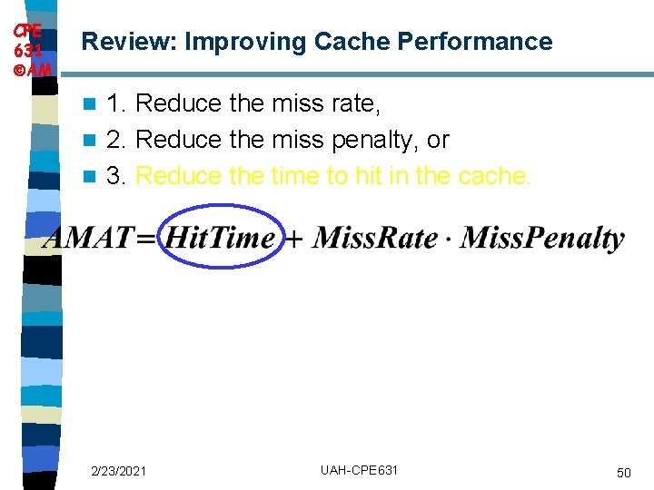 CPE 631 AM Review: Improving Cache Performance 1. Reduce the miss rate, n 2.
