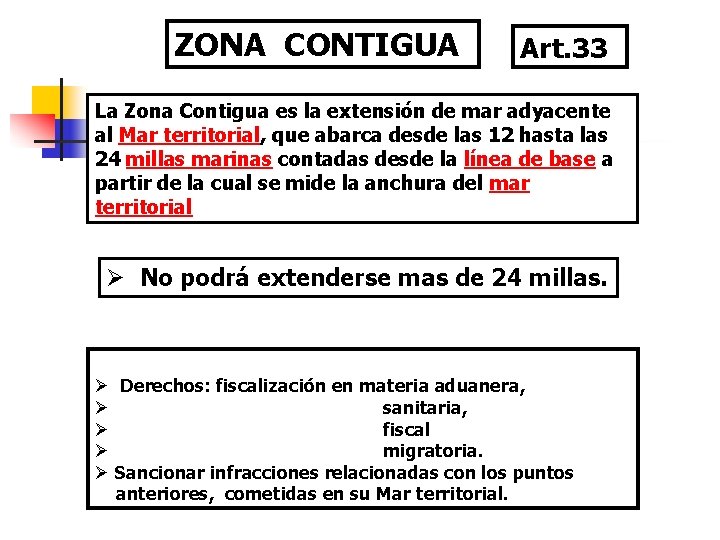ZONA CONTIGUA Art. 33 La Zona Contigua es la extensión de mar adyacente al