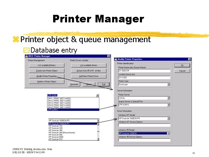 Printer Manager z Printer object & queue management y. Database entry CERN PC Printing