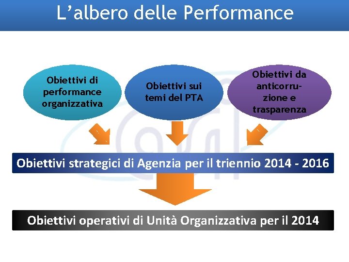 L’albero delle Performance Obiettivi di performance organizzativa Obiettivi sui temi del PTA Obiettivi da