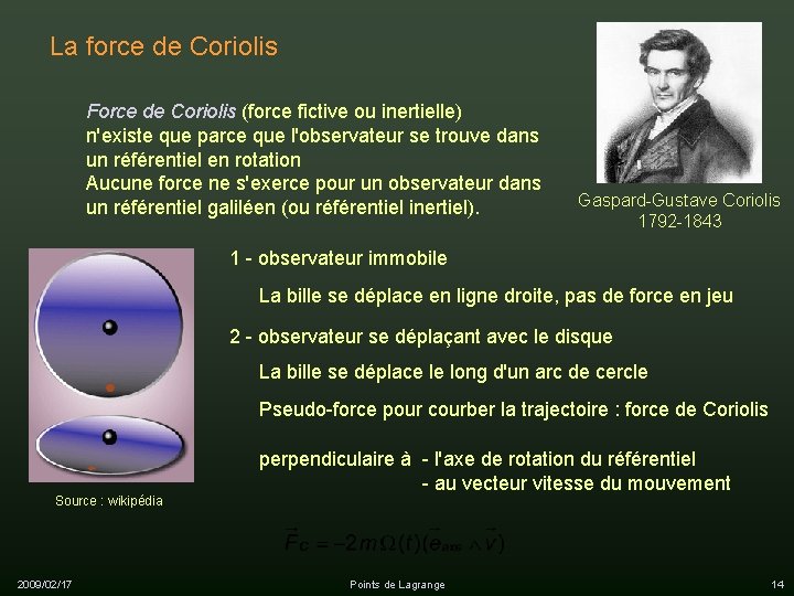 La force de Coriolis Force de Coriolis (force fictive ou inertielle) n'existe que parce