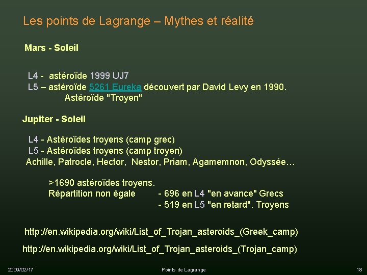 Les points de Lagrange – Mythes et réalité Mars - Soleil L 4 -