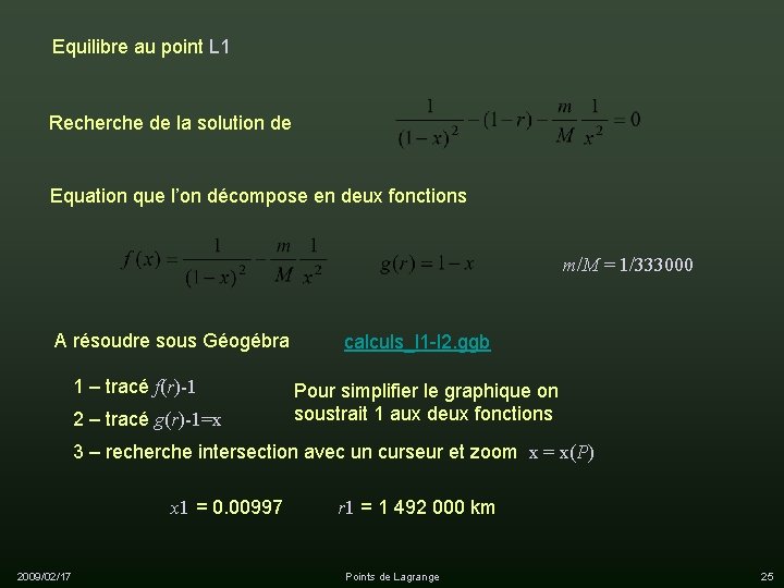 Equilibre au point L 1 Recherche de la solution de Equation que l’on décompose