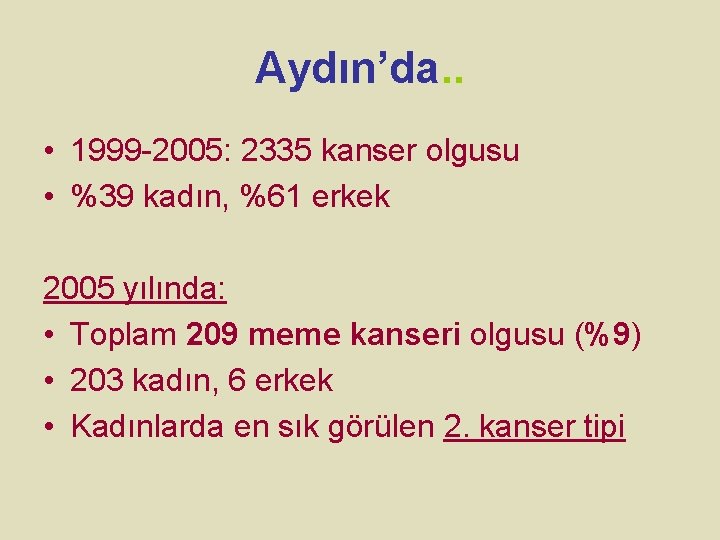 Aydın’da. . • 1999 -2005: 2335 kanser olgusu • %39 kadın, %61 erkek 2005