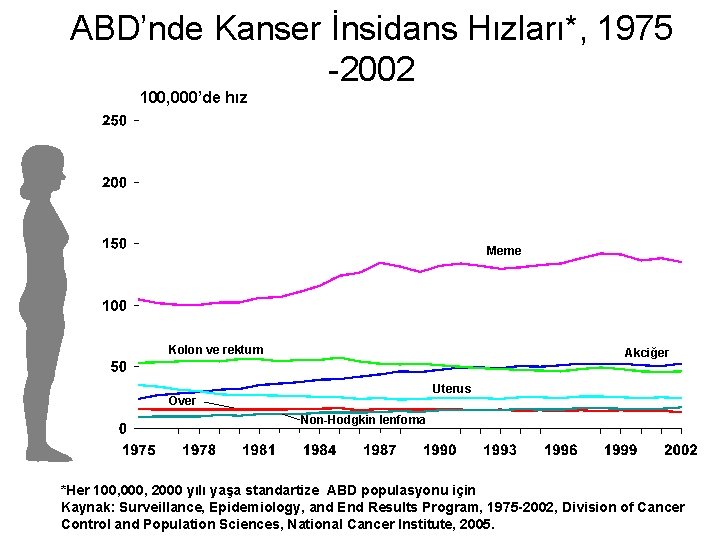 ABD’nde Kanser İnsidans Hızları*, 1975 -2002 100, 000’de hız Meme Kolon ve rektum Akciğer