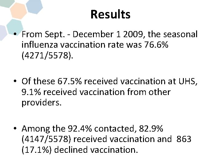 Results • From Sept. - December 1 2009, the seasonal influenza vaccination rate was