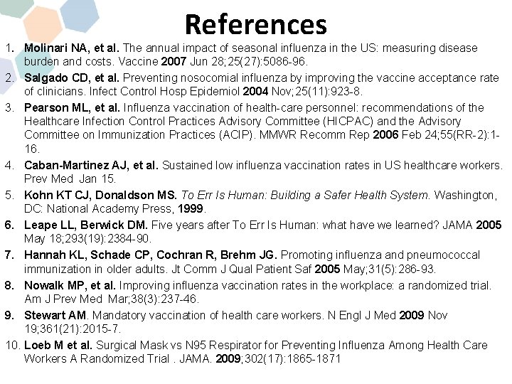 References 1. Molinari NA, et al. The annual impact of seasonal influenza in the