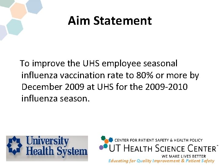 Aim Statement To improve the UHS employee seasonal influenza vaccination rate to 80% or