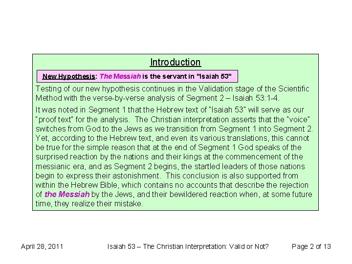 Introduction New Hypothesis: The Messiah is the servant in "Isaiah 53" Testing of our